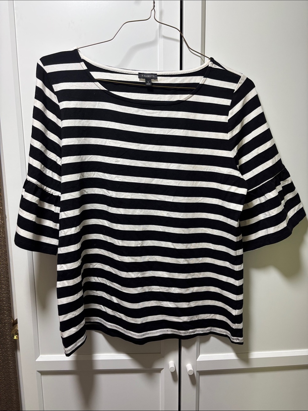 Talbots Black & White Striped Ruffle Sleeve Boatneck Top